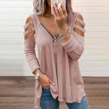 Spring Off Shoulder Hollow Out Striped Solid Women Blouse V-neck Zipper Patchwork Pleated Loose Female Blouses Casual