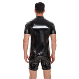 Toloer Men's Mirror Leather Vest Bright Leather Short Sleeve Round Collar Vest No Odor Size Accurate-Outfit