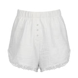 Style Buckle Solid Color Simple Woven Shorts Loose Waist Loose 100-Lap Spliced Lace Casual Trousers-Outfit