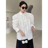 White Patchwork Tassels Shirt For Women Lapel Long Sleeve Solid Minimalist Button Through Blouse Female Clothes