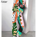 High Neck Knit Wide Leg Pants Suits Two-piece Set 2023 Autumn Winter New Printed Long Sleeve Women's Tops +