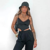 Patchwork Satin White Crop Top Women Straps V Neck Cami Ladies Backless Bustier Sexy Top Black Triangle Hem