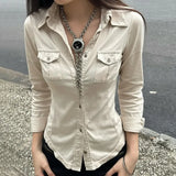 Waste Wind Single Buckle Shirt Women Retro Waist Thin Set New Double Pocket Sleeve