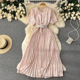 Women Summer Pleated Print Dress 2022 Vacation Sashes Floarl Gentle Short Sleeves Ladies Slim A Line Long