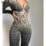 Women Tribal Pattern Flocked Mesh Patch Long Sleeve Jumpsuit 2023 Autumn Europe and America Fashion Women's