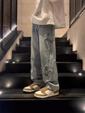 Street Jeans Men's Star Embroidery Design Straight Trousers Chao Brand Ins Loose Wide-Leg Trousers-Outfit