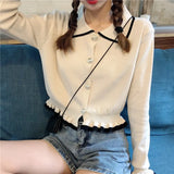 Korean Cropped Cardigan Y2K Fashion Sweaters Woman Sweater Ruffles Black White Cute Tops Fall 2023 Women