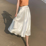 Summer New Women's Skirts Fashion Elegant Acetic Acid Fabric Midi Length High Waist Streetwear Satin Thin White Woman