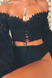 Spring New Hot Sexy Holiday Style Slash Neck Lace Bandage Embroidery Hollow Out Solid Color Lantern Sleeve Blouse