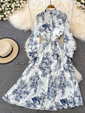 Casual Ink Painting Gathered Waist Cotton Dress Women Round Neck Long Sleeve Vintage Print High Waist Mid Calf