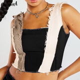 Women Striped Patchwork Denim Sleeveless Y2K Tank Top Vintage Backless Zipper Bodycon Casual Chic Streetwear Casual