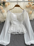 Print Halter Short Chiffon Blouse Women Slash Neck Fold Sheath Long Sleeve French Elastic Waist Streetwear Fashion