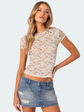 Toloer New Round Collar Lace Short Sleeve Women's Sexy Wind Hollow Out Slim Top Female Senior Sense-Outfit