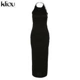 summer 2021 split dress women sleeveless halter solid black sexy backless fashion chain streetwear dresses slim