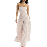 Women Long Dress Evening Party Summer Clothes 2023 Chic Elegant Floral Lace Sleeveless Sling Backless Dress Sexy Club Streetwear-Outfit