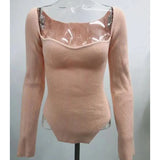 Black Slim Sweater For Women Square Collar Long Sleeve Side Split Knitted Pullover Female 2022 New