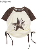Women T-shirts Vintage Fashion Crop Tops Chic Star Embroidery Korean Tees 2023 Ropa Mujer Slim Fit Drawstring Y2k