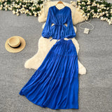 Wind Age Reduction Suit Women's Spring French Strap To Close Waist Round Collar Long-Sleeved Shirt + High Waist-Hanging Half-Body
