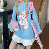 QWEEK Anime Hoodie Women Harajuku Manga Sweatshirt Ladies Kawaii Long Sleeve Pullover Korean Fashion Soft Girl Gamer Black