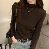 Long-Sleeved Bottomed Shirt With A Half-High Collar A New Chic White T-Shirt In Autumn And Winter Shows A Thin Fishbone Blouse.-Outfit