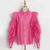 Solid Color Chiffon Perspective Shirt For Women Lepal Long Sleeves Floral Ruffle Shirts Female 2022 Spring
