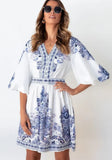Vintage V-neck Half Sleeves Floral Print Mini Loose Holiday