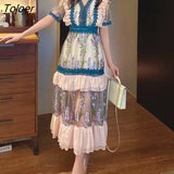 Embroidery Dress Woman Summer V-neck High Waist Maxi Dresses Woman Vestido Elegant Green Lace Ruffles Party Dress