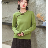 Women Sweater 2022 Winter Long Sleeve O Neck Loose Knitted Pullover Button Design Green Vintage Warm