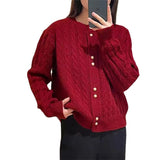 Version Of Retro Twist Round Neck Knitted Cardigan Women's New Lazy Gentle Style Simple Soft Waxy Sweater Jacket-Outfit
