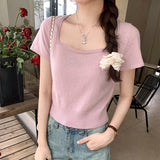 Version Of Knitted Short-Sleeved T-Shirt Women's New Summer Slim Thin Solid Color Full-Length Short-Style Blouse Ins-Outfit