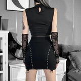 Skull Fishnet Mall Gothic Women Tank Tops Grunge Aesthetic Punk Black Crop Top With Glove E-girl Emo Alternative Vests-Outfit