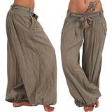 Pants Women Fashion Casual Loose Long Pants Solid Color Baggy Harem Pants Summer Button Sashes Wide Leg Trousers
