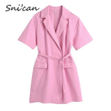 Blazer Dress Short Sleeve Turn Down Collar Fashion Office Ladies Shirt Dress With Sashes Za 2021 Women Robe Chemise