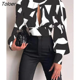 Women Sexy Backless Hollow Print Shirts Fashion Party Crop Top 2023 Spring Casual Stand Long Sleeve Office Lady Blouses And