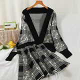 Style Vintage V-Neck Plaid Short Knitted Cardigan + High Waist Pleated Mini Skirts Two-Piece Female Fashion Sweet