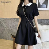 Sleeve Dress Women Ins Empire Simple Black Basic Summer Trendy Preppy Girls Clothing Leisure A-line Mujer Vestido