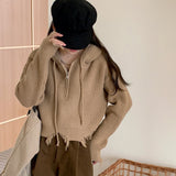 Autumn And Winter New Simple Fringed Broken-Rimmed Hooded Sweater Loose Korean Version Short Zipper Sweater-Outfit