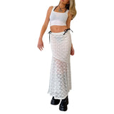 Women's Y2K Vintage Full Lace Summer Street Party See Through Low Waist Wrapped Floral Ruffled Hem Mermaid Long Skirt-Outfit