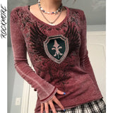 Rockmore Vintage Ribbed Knitted Long Sleeve Top Women Y2K Aesthetic Print V-neck T-Shirt Retro Slim Graphic Tee Shirt 90s