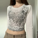 Fairycore Top White Cartoon Y2k Aesthetic T Shirt Long Sleeve O Neck Pullovers Wome Autumn Harajuku Tee Casual
