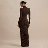 Women's Autumn And Winter New Solid Color Temperament High-Collar Before The Open Folding Dress