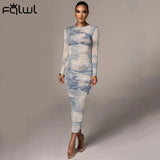 Tie Dye Print Long Sleeve Maxi Dress Women Solid Bodycon Ruched Wrap Dress Female Fall Ladies Pleated Sexy Party