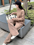 Fashion Knitted Two Piece Sets Solid Long Sleeve O-Neck Split Pullover And Straight Pants Suit Women Casual Loose