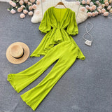 Summer Women 2 Pieces Set Purple/Green/White Elegant V-Neck Puff Short Sleeve Irregular Tops + High Waist Pants Vintage Suit