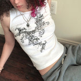 Rockmore Graphics Print Tank Tops Women Y2K Rib Knitted Sleeveless Crop Tee Shirts Kawaii Harajuku Casual Skinny Sweat