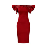 Women's Clothing 2025 New Round-Neck Lotus Leaf Sleeves Open Nail Beads OL Dress Dress Dress
