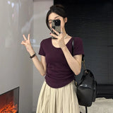 New Summer Design Feel U-Collar Short-Sleeved T-Shirt Women Fold Slim Look Thin Inside A Solid Color Short-Style Blouse-Outfit