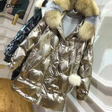 Long Hooded Golden Shiny Jacket For Women's Winter High Quality Loose Waterproof Coats 2022 Fashion Thicken Large Size