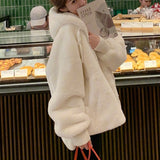 Autumn Winter Loose Hooded Plush Jacket Large Size Imitation Rabbit Fur Coat Youth Student White Zipper Plush Jacket