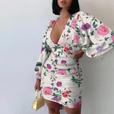 ArtsuWomen Sexy Deep V Neck Floral Print Dresses Long Lantern Sleeve Ruched Dress Elegant Female Bodycon Party Dress